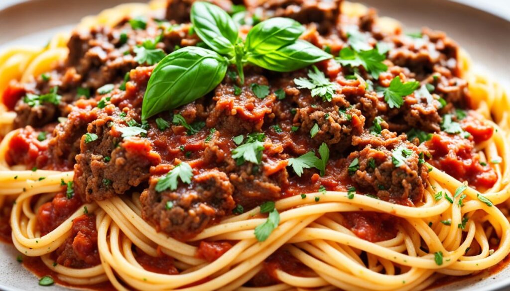 plate with steaming hot spaghetti covered in a rich red tomato sauce with chunks of savory beef mince mixed throughout.
Quick Recipes Using Hamburger Meat