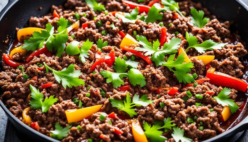 A sizzling skillet of seasoned beef mince, with diced onions and bell peppers, ready to be transformed into a delicious meal.
Quick Recipes Using Hamburger Meat