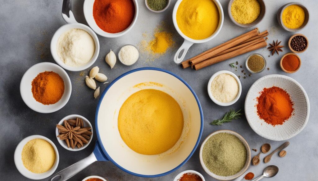 Show a top-down view of a mixing bowl filled with cornbread batter.