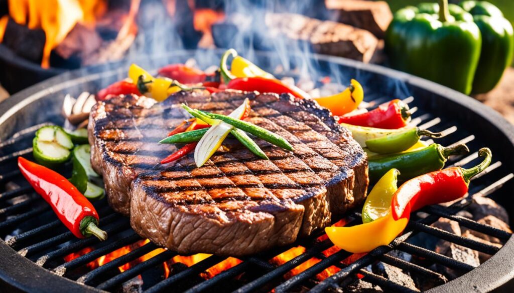 beef steak being cooked on a grill with grill marks visible