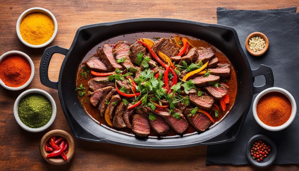 Show the different ways in which heat and spices can be used to enhance the flavor of beef