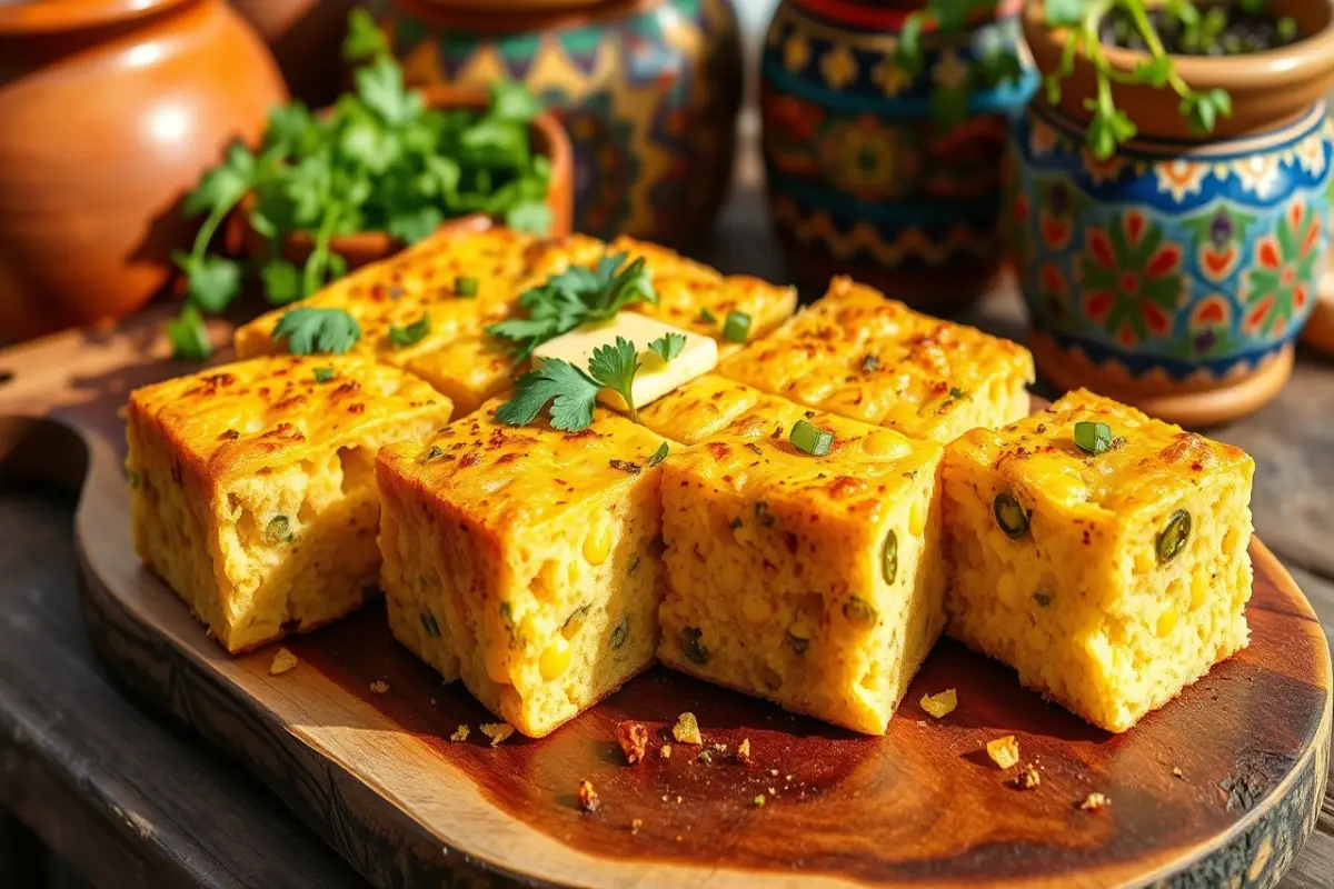 vibrant culinary tableau showcasing a rustic wooden board adorned with freshly baked Mexican cornbread