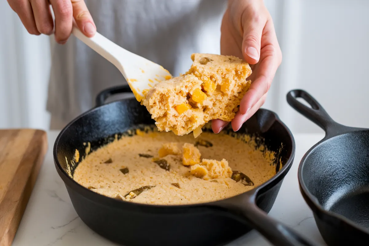 A step-by-step visual of the process to fix crumbly Mexican cornbread. 