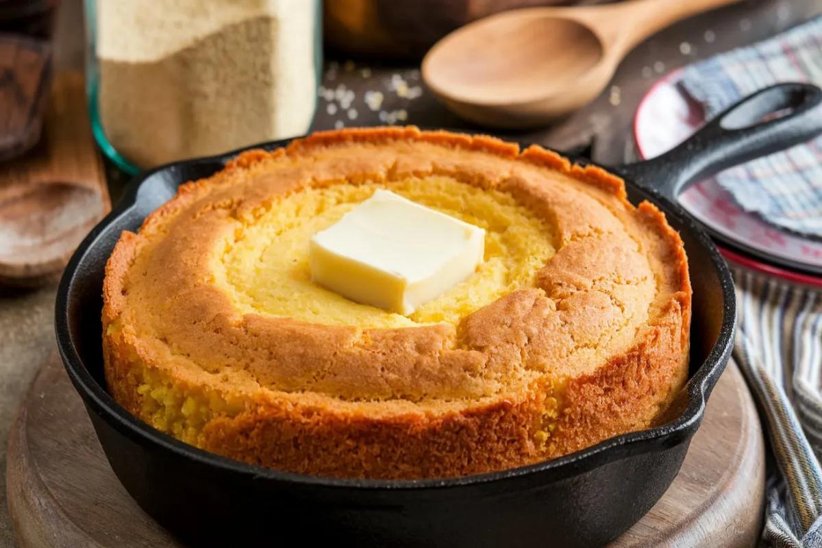 A rustic kitchen scene featuring a cast iron skillet filled with golden-brown, savory Southern cornbread.