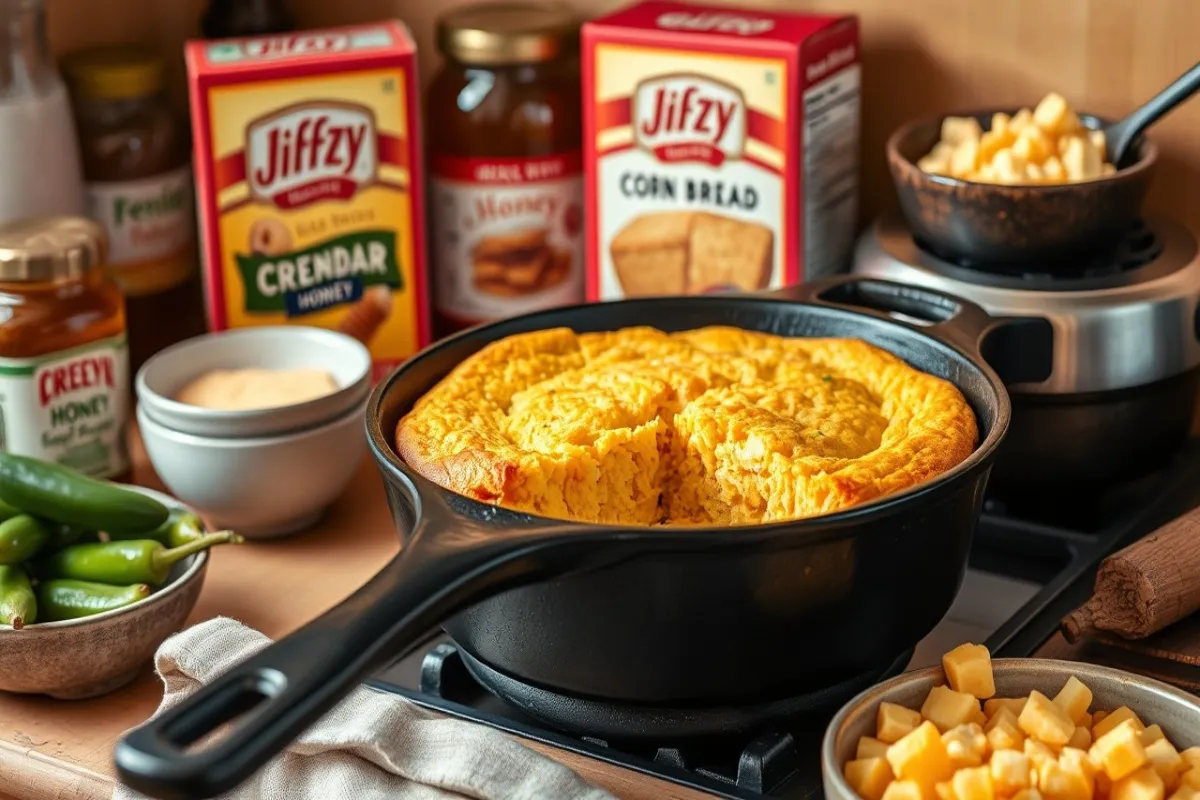 cast iron skillet with golden brown cornbread