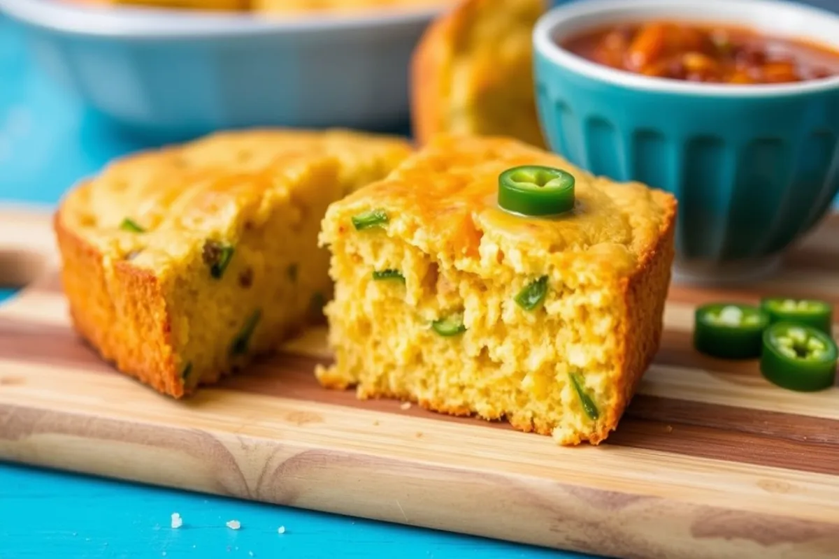 piece of spicy jalapeño cheddar cornbread, with visible chunks of green jalapeño and melted cheddar cheese