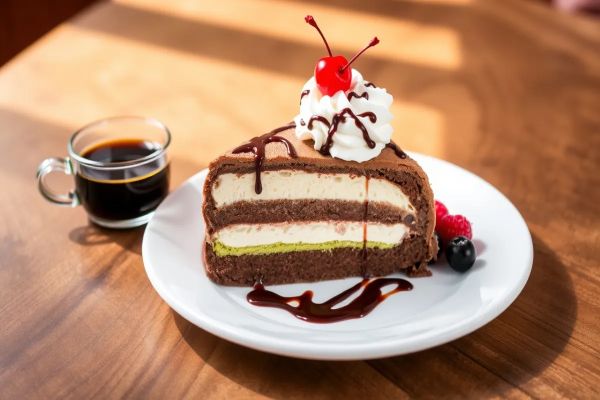 Spumoni Bomba on a white dessert plate, showing the distinct layers of chocolate, vanilla, and pistachio gelato