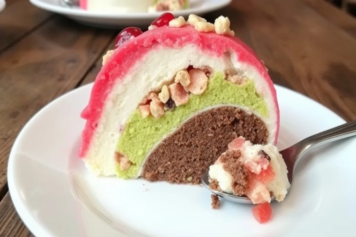 A sliced portion of spumoni on a white plate, showing the cross-section of the three flavors—cherry, pistachio, and chocolate or vanill