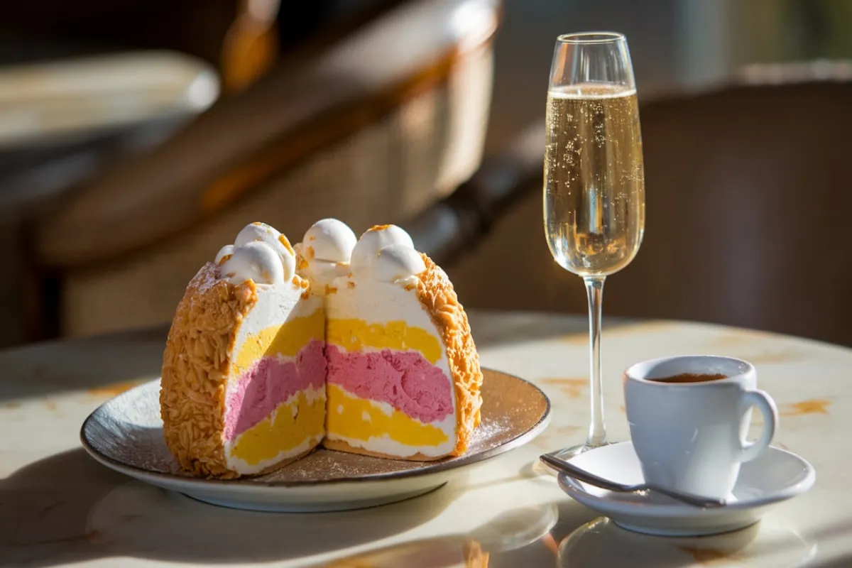 A close-up of a sliced Bomba dessert being served on a chilled plate, revealing its colorful gelato layers inside.