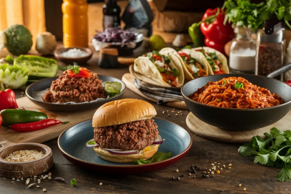 table with various dishes featuring ground beef, such as a juicy burger, a bowl of spaghetti Bolognese,and a plate of tacos.