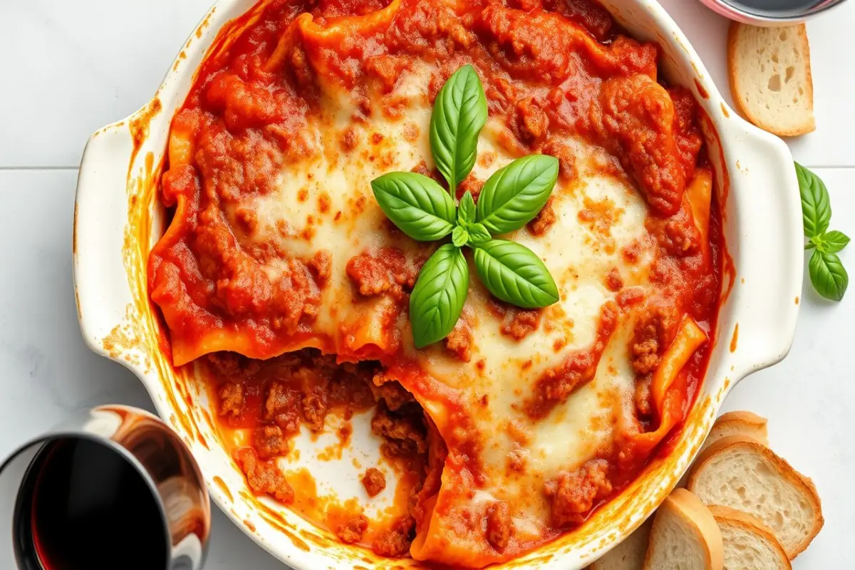 traditional Italian lasagna dish made with layers of ground beef, rich tomato sauce, and melted cheese