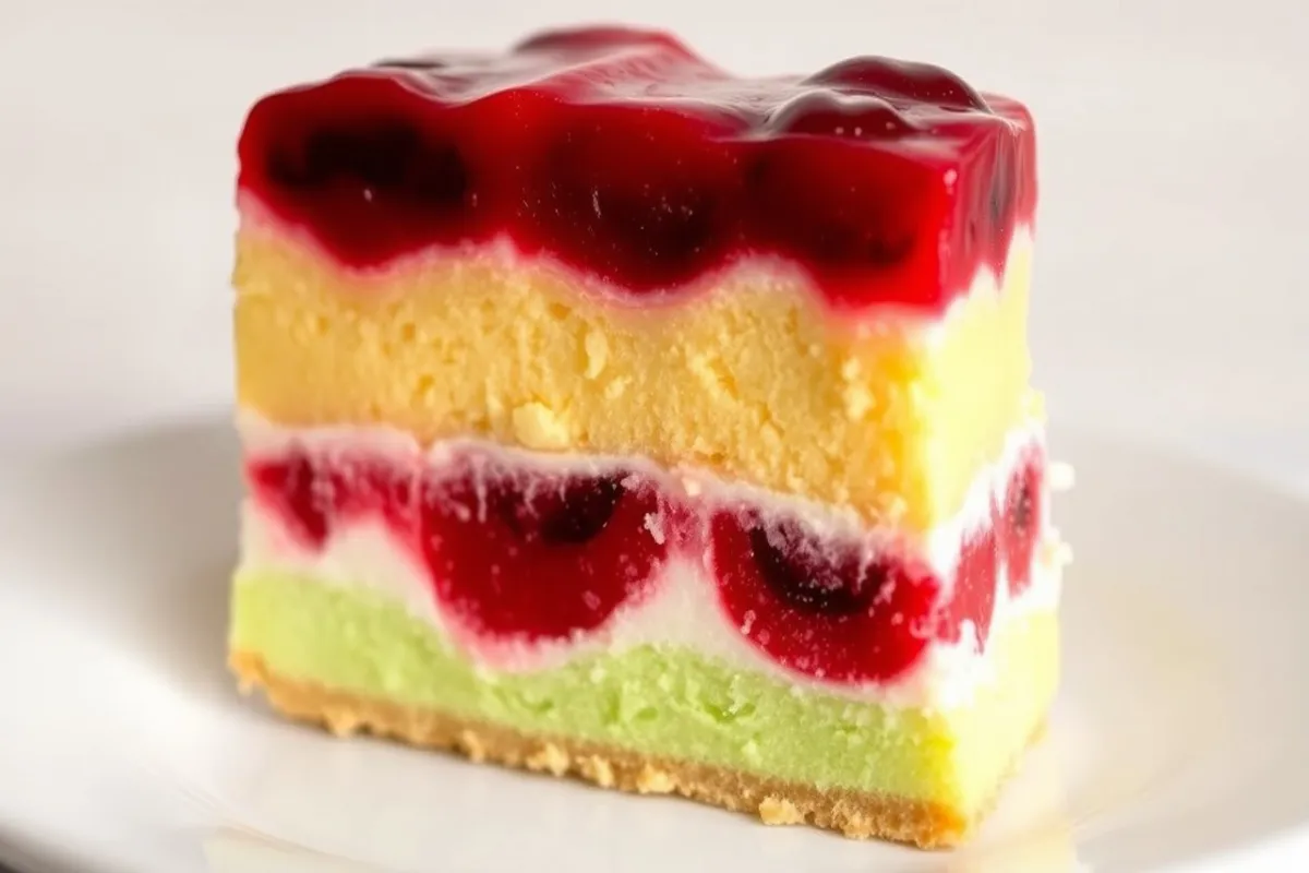 slice of spumoni dessert featuring three distinct layers: green pistachio