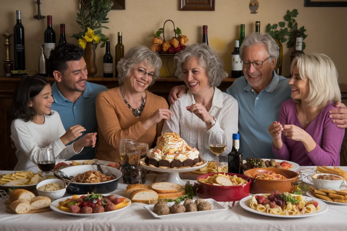 An Italian-American family gathering, with spumoni being served as a centerpiece dessert