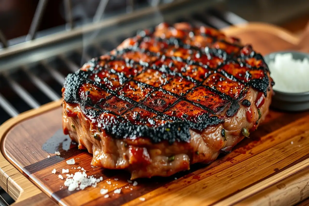 Picanha, a Brazilian beef cut, sizzling on a traditional churrasco grill.