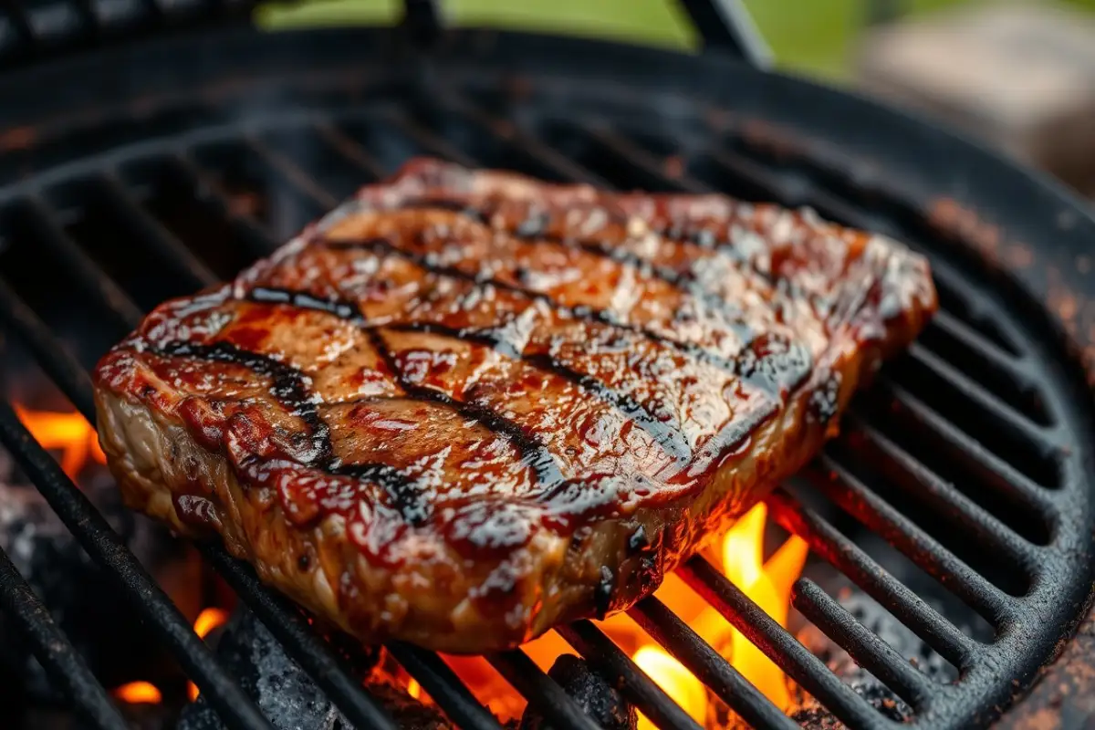 T-bone steak on a hot grill, with visible flames licking the edges of the meat.