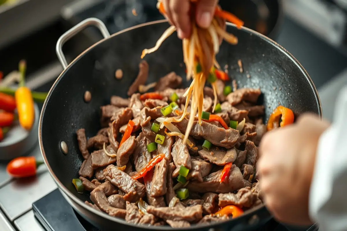 sliced beef being stir-fried