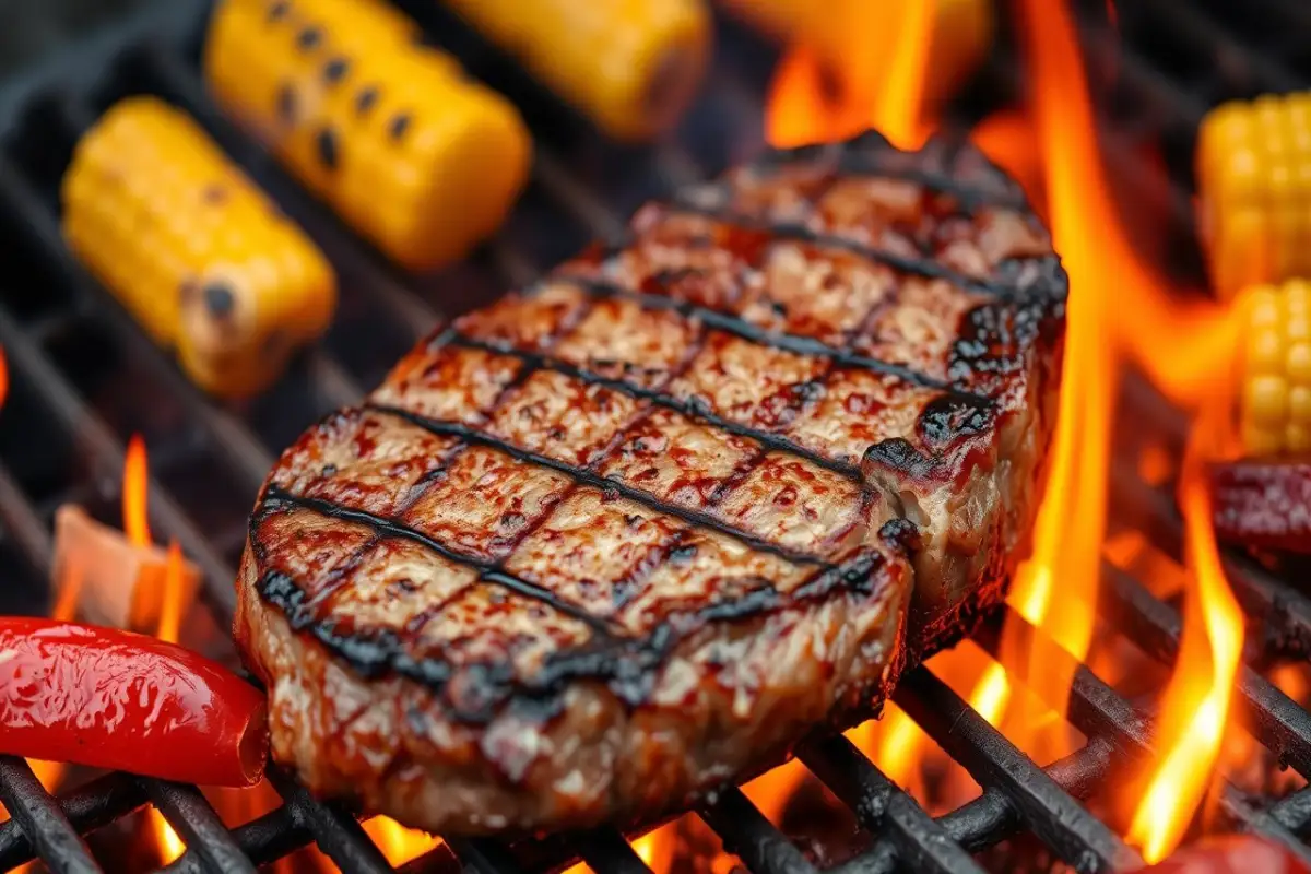 A close-up shot of a juicy ribeye steak being grilled on an open flame, with grill marks clearly visible. The steak should be surrounded by vegetables, like peppers and corn, sizzling on the grill, emphasizing the dry-heat cooking method