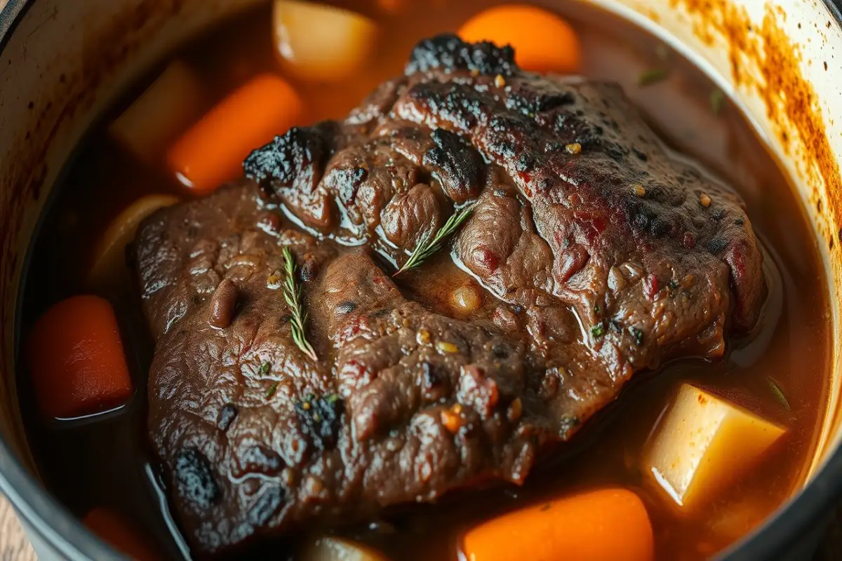 cooked beef brisket braising in a rich broth