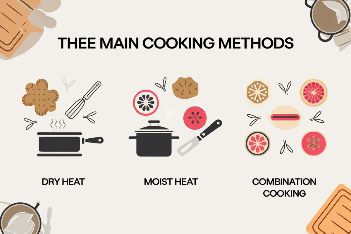 cooking methods—dry heat, moist heat, and combination cooking