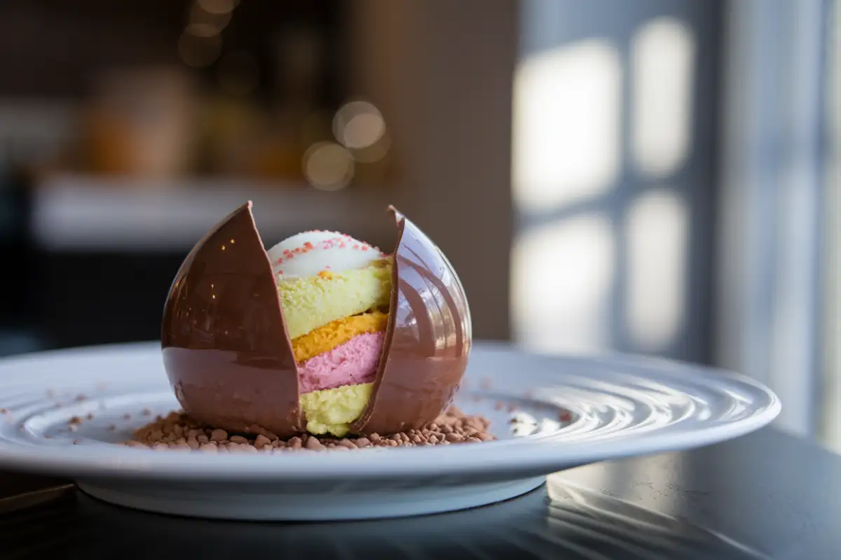 A close-up image of an elegant Bomba dessert on a white plate