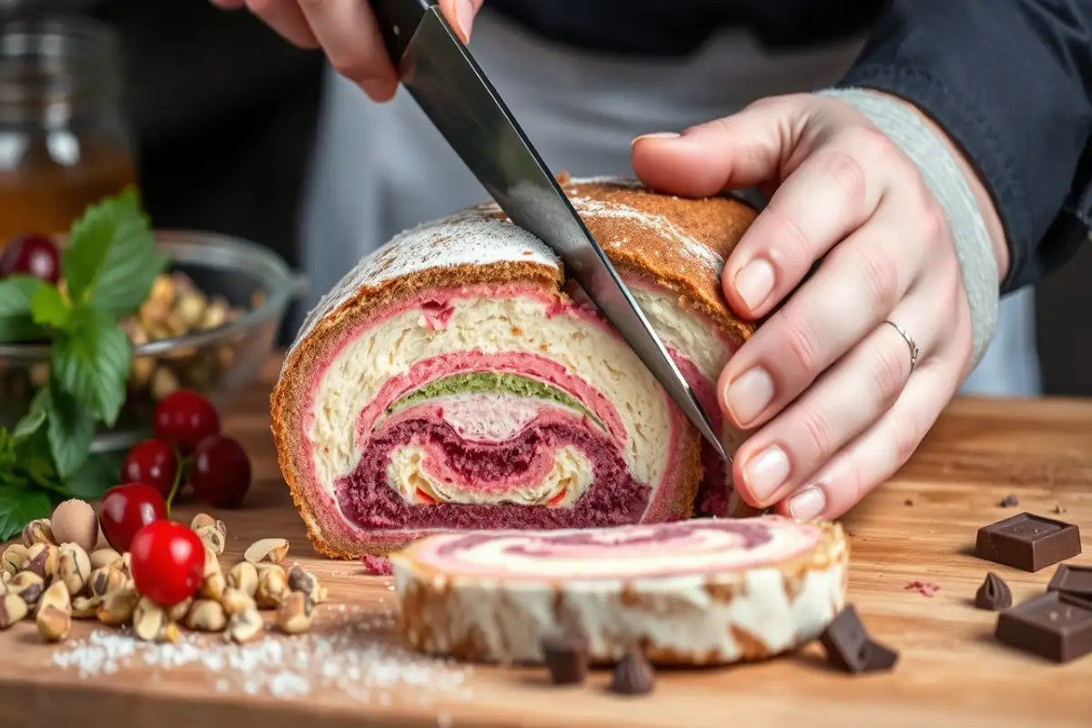 ands slicing a loaf of spumoni