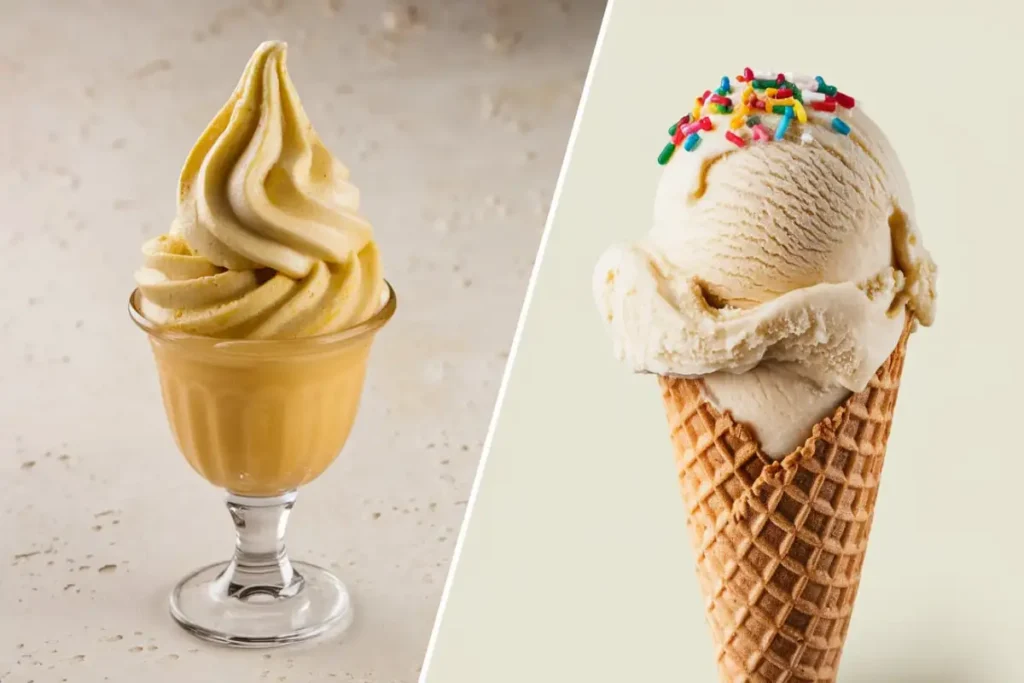 side-by-side comparison of a scoop of Italian Gelato and a scoop of traditional ice cream.