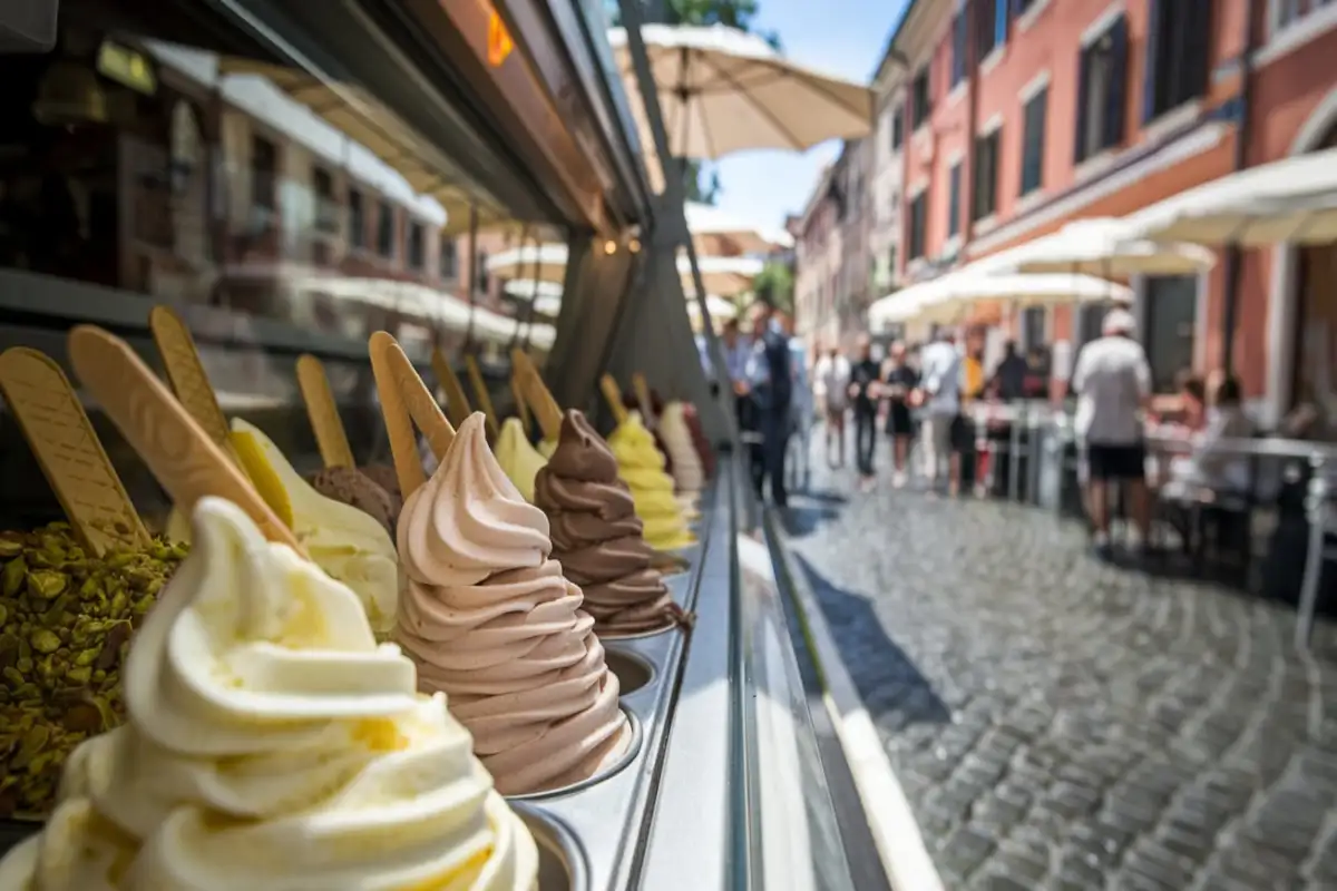 A vibrant outdoor Italian gelateria on a sunny day