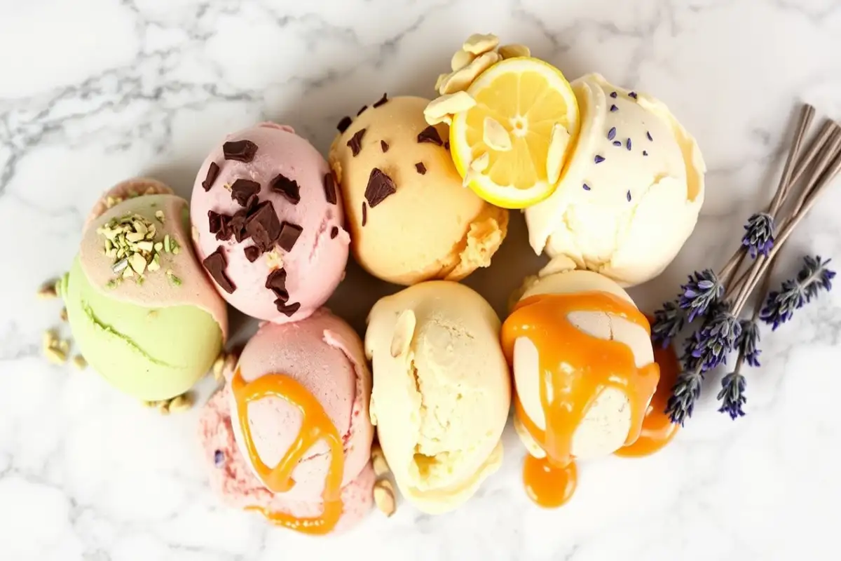 A colorful array of gelato scoops arranged in a semi-circle on a marble countertop. Each scoop represents a different flavor: pistachio, stracciatella, lemon, salted caramel, and lavender honey. The scoops are garnished with corresponding toppings, such as crushed pistachios, chocolate flakes, lemon zest, caramel drizzle, and lavender flowers. The image should emphasize the variety and richness of gelato flavors, with a focus on the textures and vibrant colors