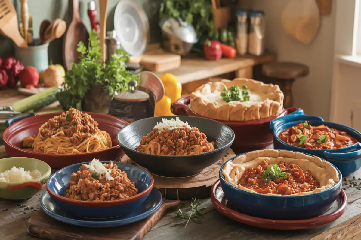 A vibrant kitchen scene with a rustic wooden table filled with various beef mince dishes,