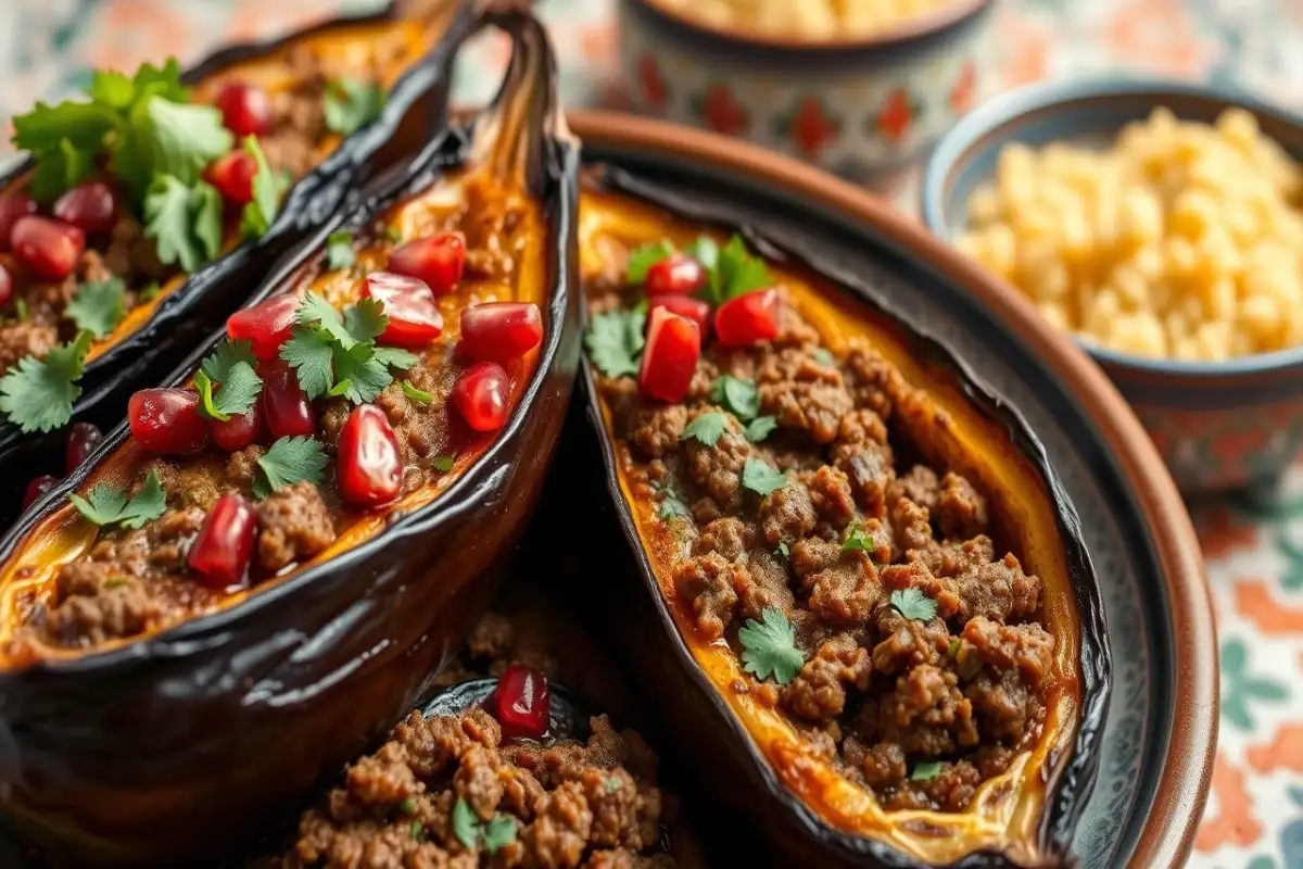 A close-up of a Moroccan stuffed eggplant dish, with beef mince mixed with spices like cumin and coriander, topped with fresh herbs and a sprinkle of pomegranate seeds. The eggplant is halved and roasted to perfection, with the beef mince filling spilling out slightly, showing the rich texture and color. The background includes traditional Moroccan elements, like patterned tiles and a small bowl of couscous, to highlight the international flavor of the dish