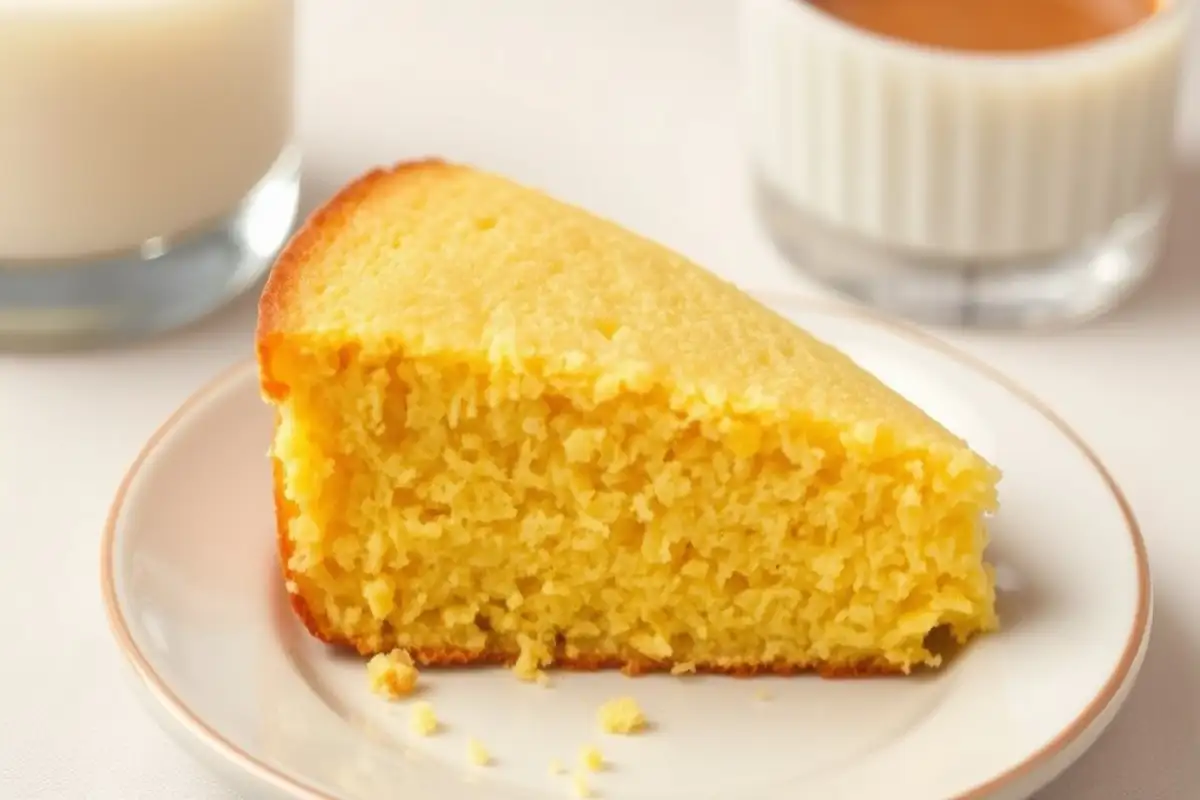  a slice of cornbread that has crumbled slightly on a plate