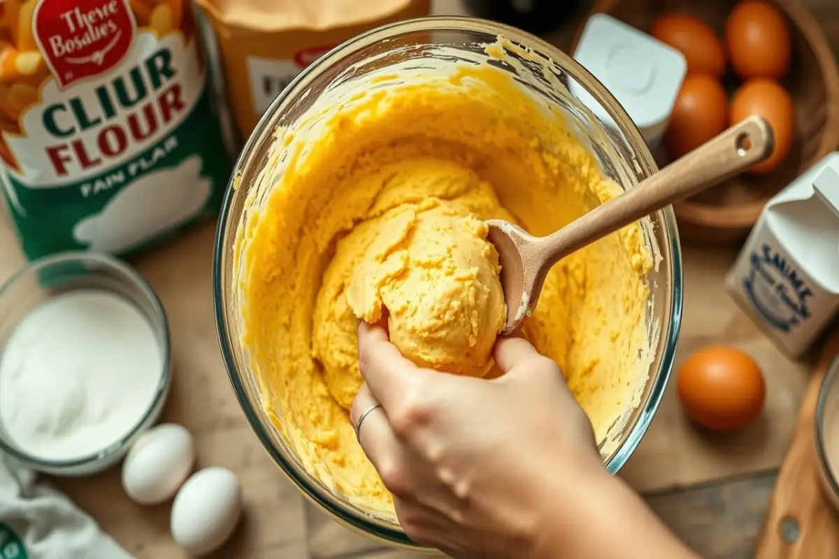 hand mixing cornbread batter in a bowl.