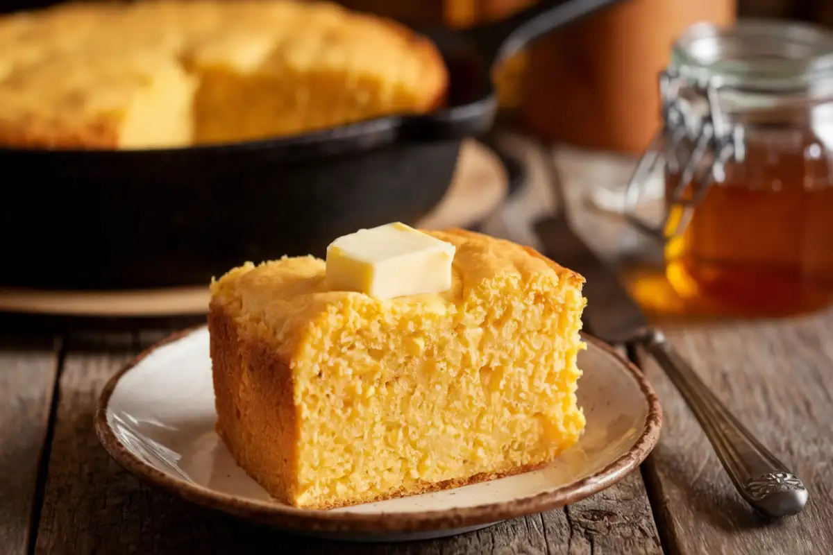 a slice of golden-brown Jiffy cornbread