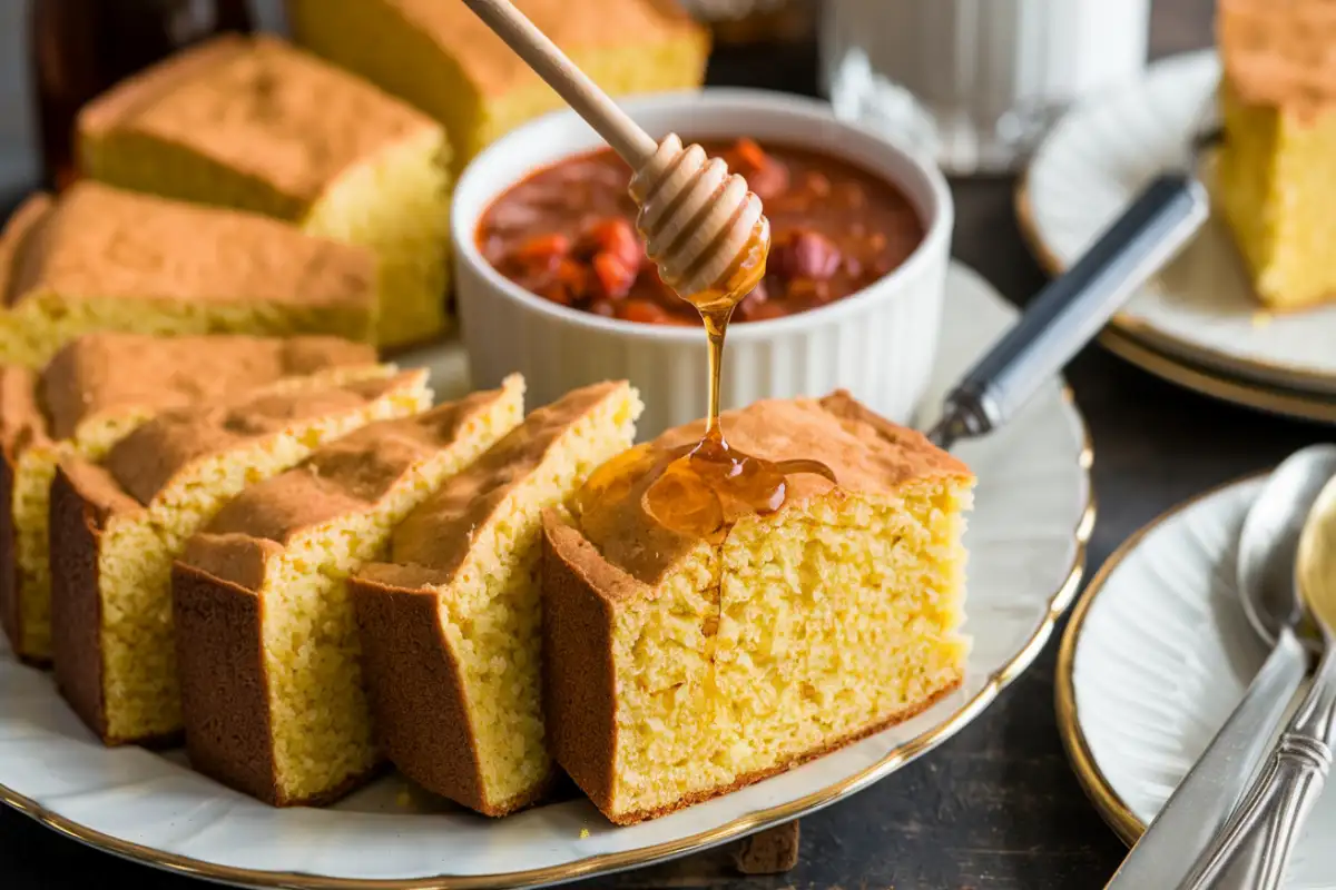 A beautifully arranged plate of sliced Jiffy cornbread served alongside a bowl of chili and a drizzle of honey over one slice