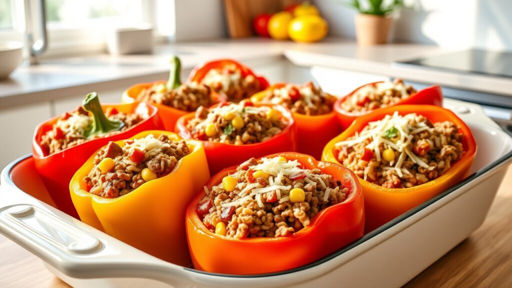 stuffed bell peppers filled with a mixture of ground beef