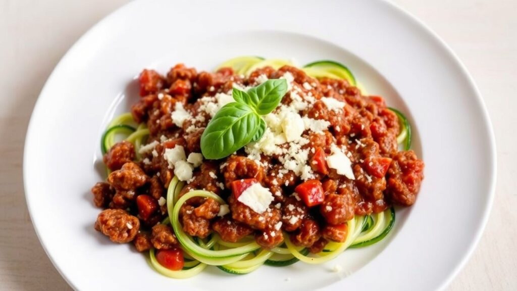 Zucchini Beef Bolognese, where lean ground beef is served on a bed of spiraled zucchini noodles, garnished with a sprinkle of parmesan and fresh basil leaves.