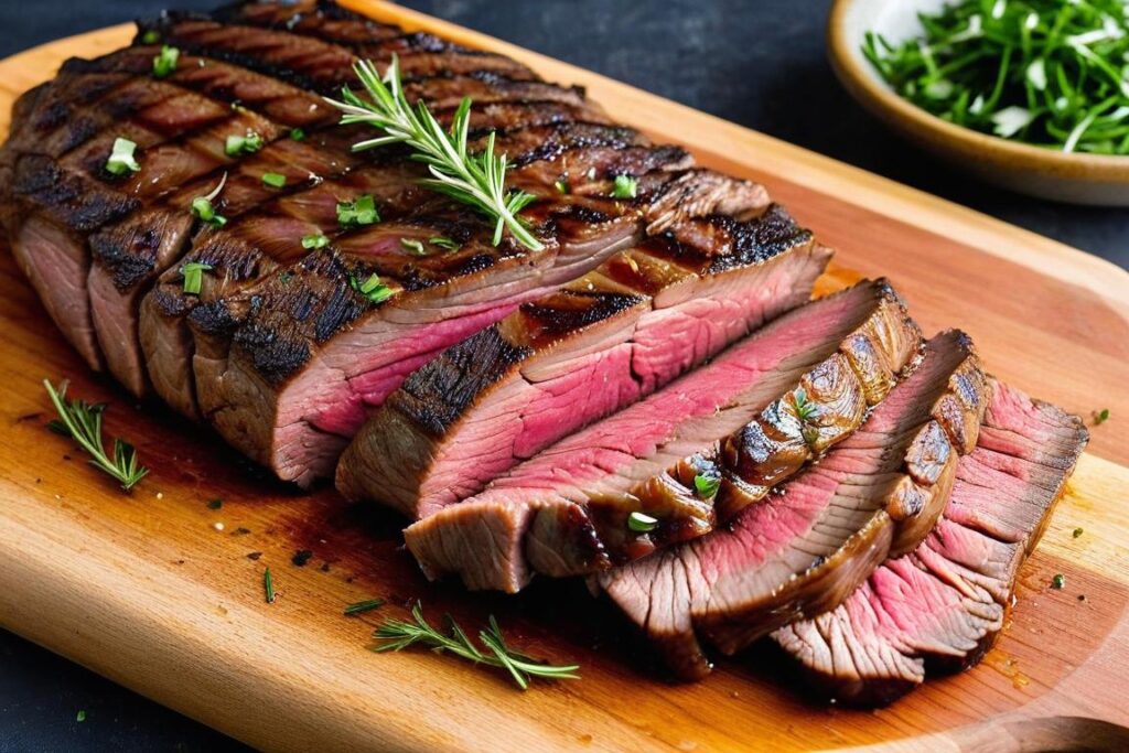 A marinated flank steak being sliced thinly on a wooden cutting board