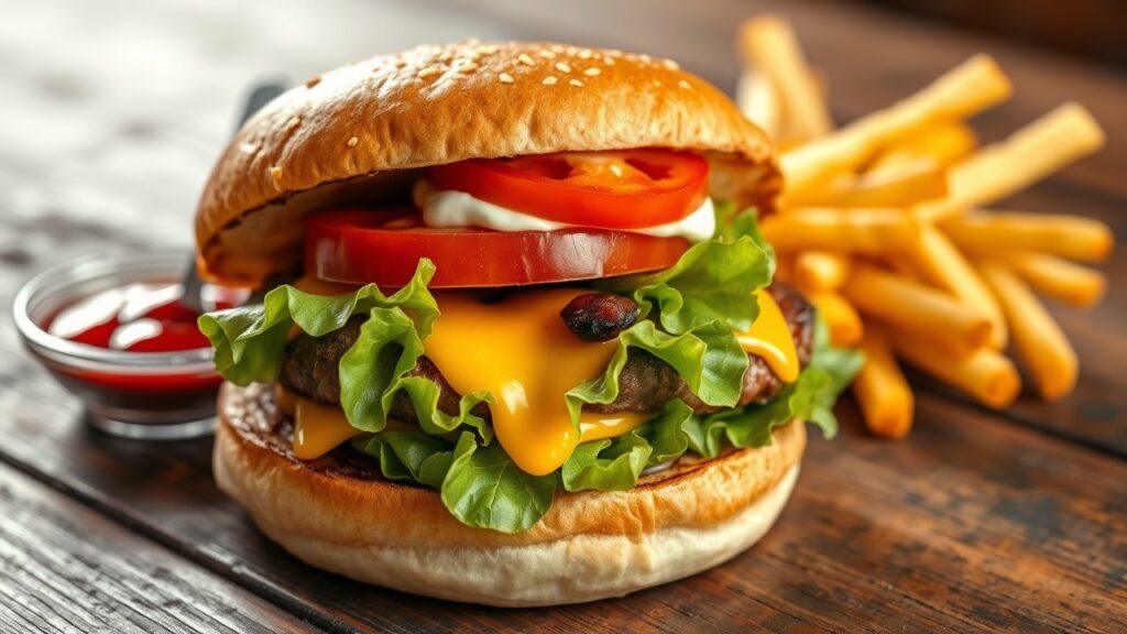 juicy, grilled beef burger on a toasted bun, topped with crisp lettuce, a slice of ripe tomato, melted cheese, and a light spread of mayo.