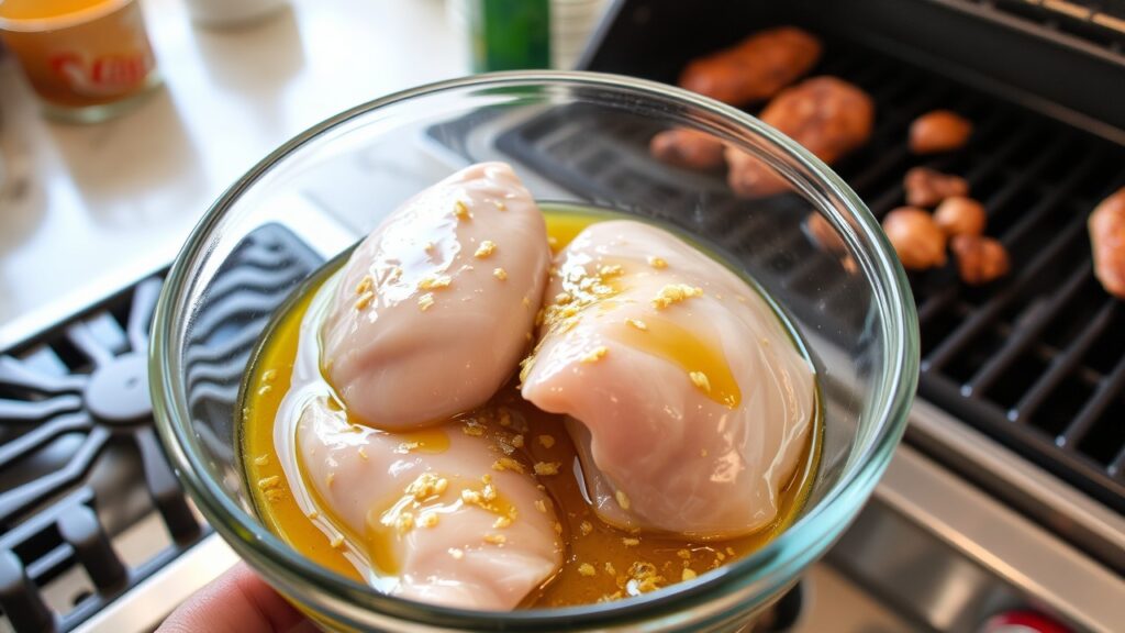 A dynamic cooking scene where chicken breasts are being marinated in a bowl with olive oil.