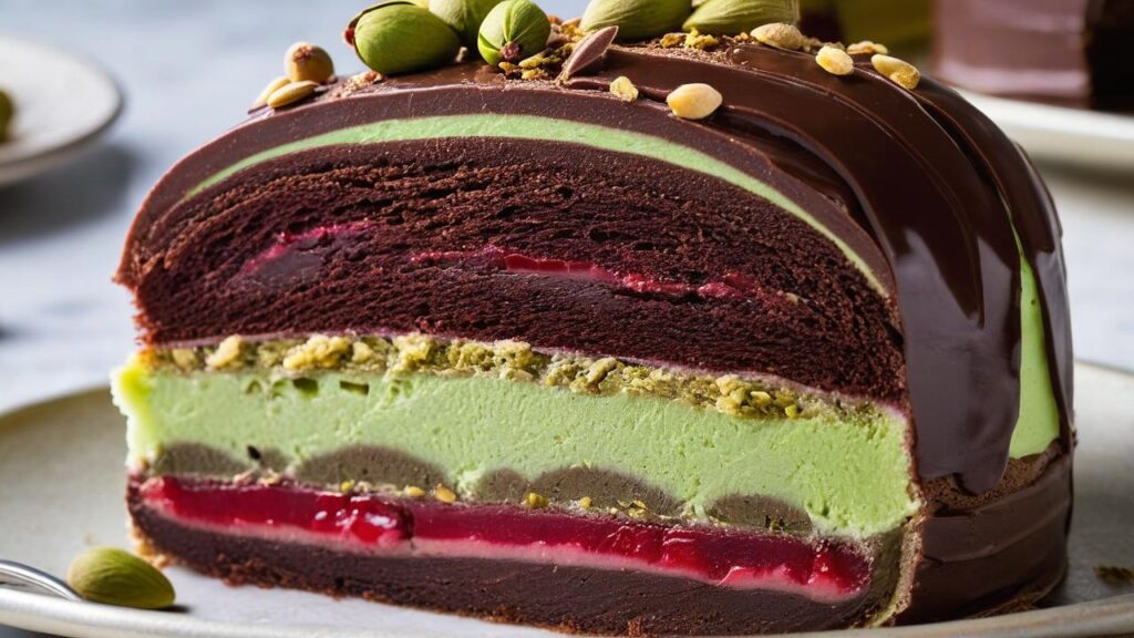 sliced Spumoni Bomba, showcasing the distinct layers of pistachio, cherry, and chocolate gelato, topped with a glossy chocolate shell