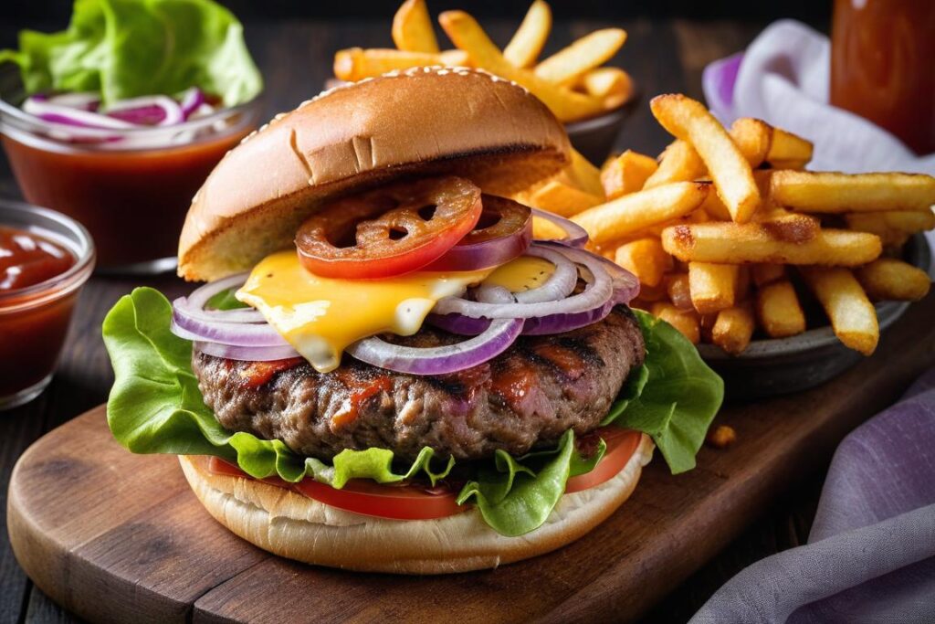 classic beef burger assembled with a juicy patty, melted cheese, fresh lettuce, tomato slices, and red onion rings, all placed on a toasted bun