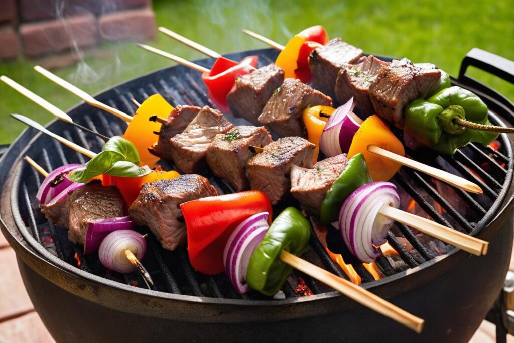 Easy beef recipes: Juicy beef kebabs with red onion and bell pepper grilling over an open flame.