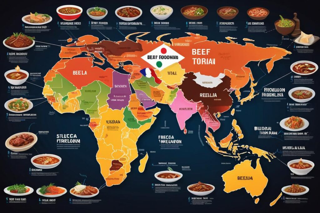 A world map showcasing popular beef dishes from around the globe