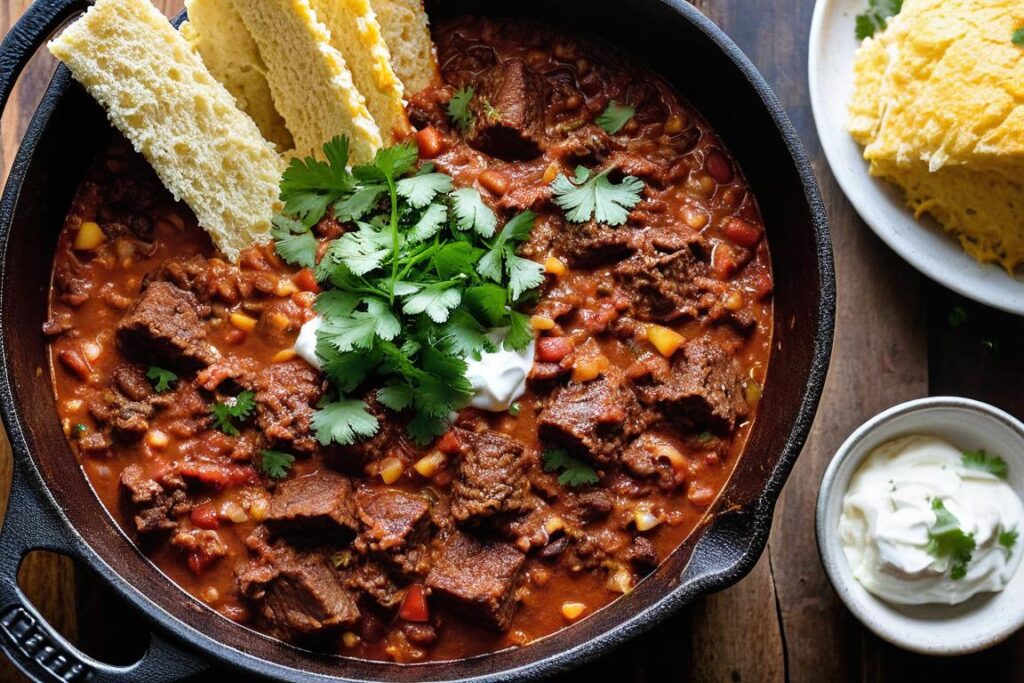 Easy beef recipes: Hearty one-pot beef chili topped with cheese and sour cream in a rustic cast iron pot