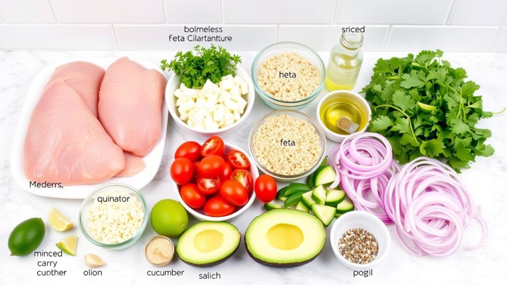 kitchen countertop displaying all the ingredients needed for the Feta Cilantro Chicken Bowl Recipe