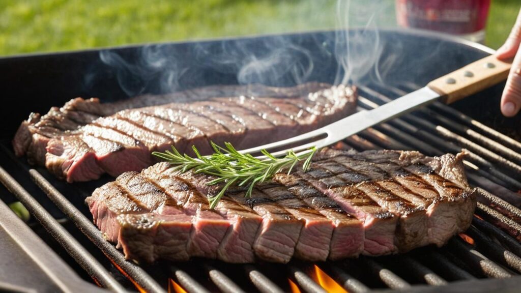 cuts of beef, like flank steak or skirt steak, sizzling on a hot grill. The beef has beautiful grill marks and is cooking over an open flame