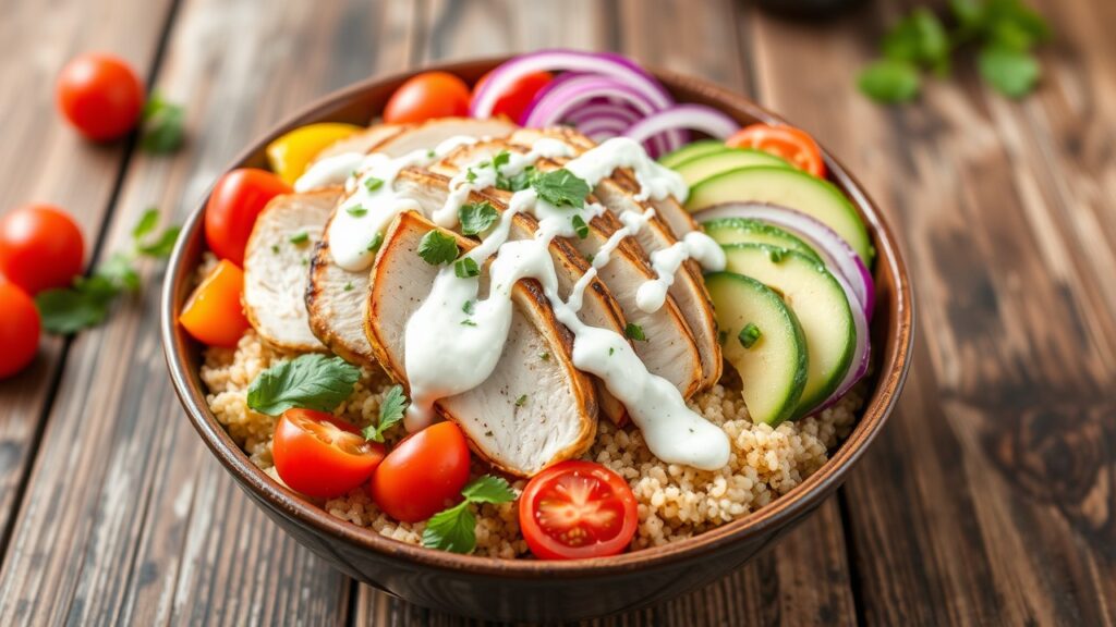 A beautifully assembled Feta Cilantro Chicken Bowl.