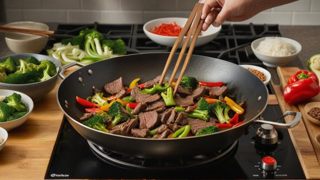 beef being quickly stir-fried over high heat, with a slight sear visible on the meat