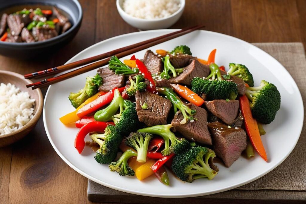 Easy beef recipes: Classic beef stir-fry with bell peppers, broccoli, and carrots on a white plate.