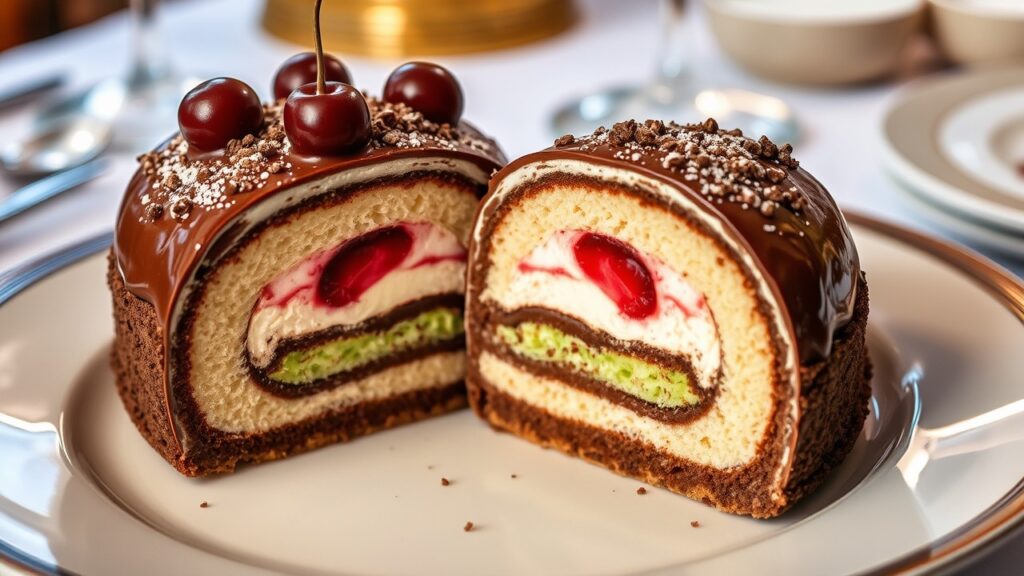 spumoni bomba cut in half to showcase its intricate layers.